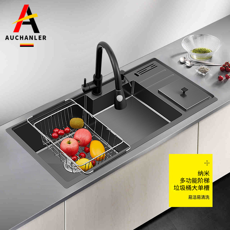 304 Stainless Steel Black Stepped Sink Large Single Sink with Trash Can Multifunctional Vegetable Washing Basin Large Under-counter Basin 304 Stainless Steel Black Stepped Sink Large Single Sink with Trash Can Multifunctional Vegetable Washing Basin Large Under-counter Basin