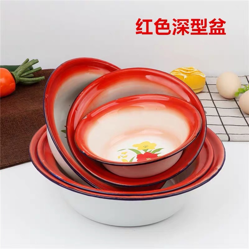 Vasija blanca profunda palangana floral de esmalte doméstico maceta vintage de restaurante cuenco de esmalte nostálgico