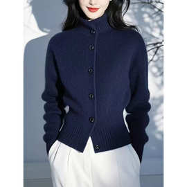 小众慵懒风高领单排扣蓝色针织衫设计感软糯舒适长袖春季新款毛衣