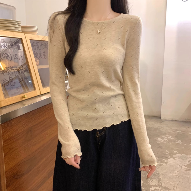 法式温柔风木耳边针织衫女2025春圆领镂空高级感百搭长袖毛衣上衣|undefined