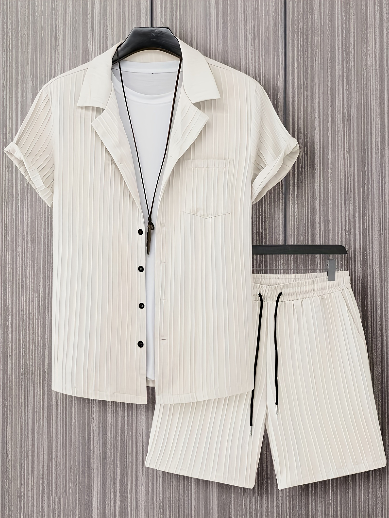 Lässiges Herren Hemd Und Shorts Set Mit Rüschentaschen_voghion.com