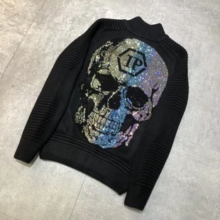 Philippe Pullen Trendy Brand Men's Sweater Rhinestone Skull Collar Zipper Casual Thickened Warm PP Knitted Sweater for Men