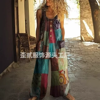 20262026女式夏季棉麻纽扣口袋无袖休闲一体式阔腿连身裤度假风