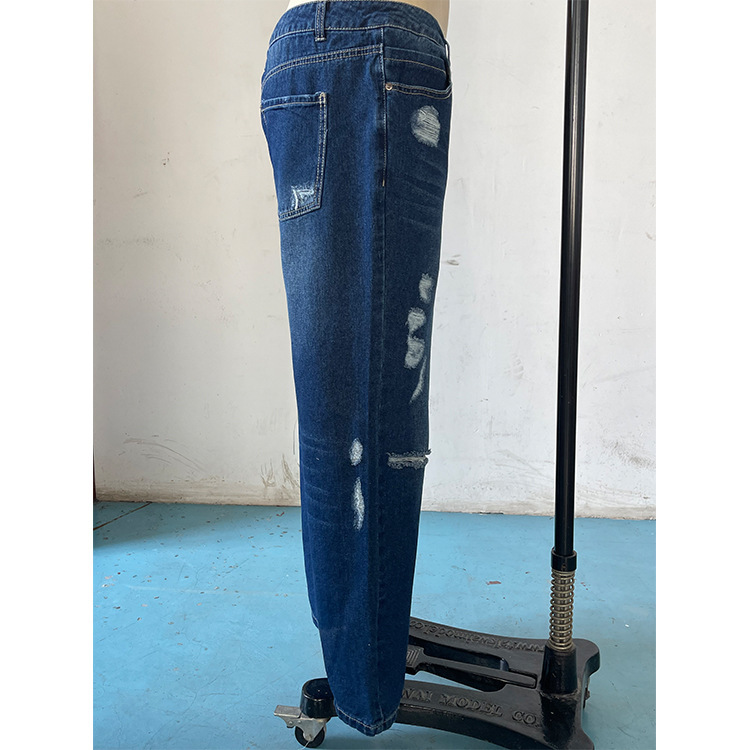 Cross-Border Foreign Trade Women's Denim European And American Trend Mid-Waist Ripped Casual Straight Pants Factory_ecoleips.com
