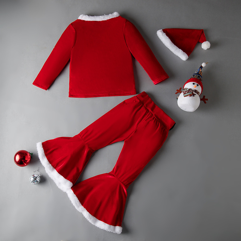 Traje de felpa de Navidad para niños pantalones acampanados europeos y americanos primavera y otoño invierno terciopelo dorado elfo de Navidad ropa conjunto de tres piezas