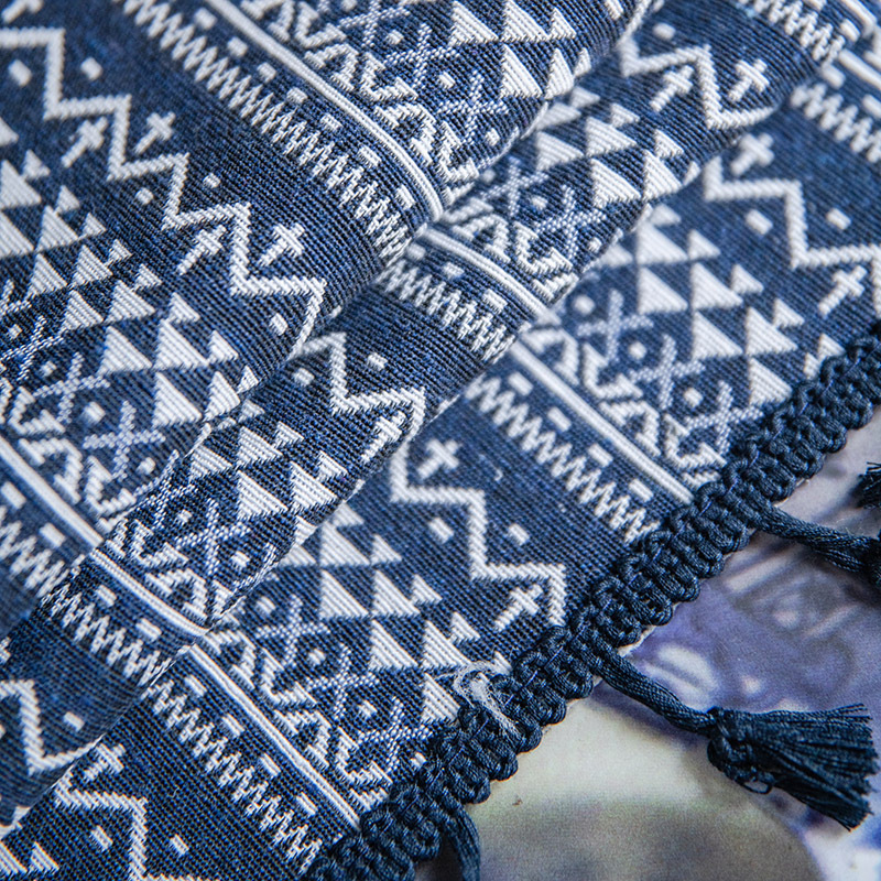 Böhmischer Garngefärbter Jacquard-blauer Geometrischer Quaste Halbschattierender Vorhang Großhandel display picture 4