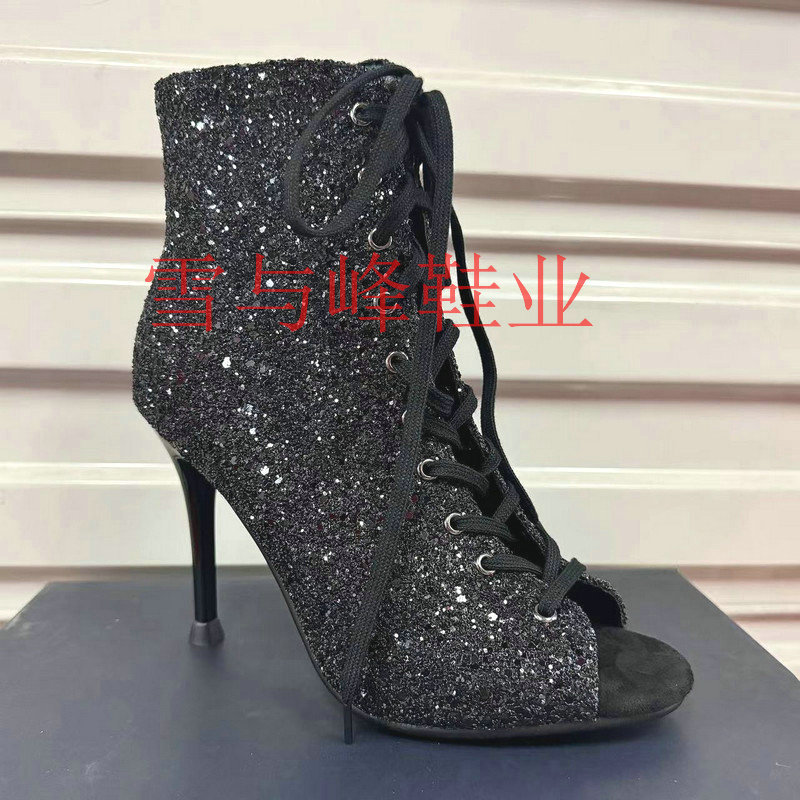 European and American Lace-up Fish-toe Sandals Sequin Cloth Stiletto Heel Ultra-high Heel Hollow-out Ankle Boots Jazz Dance High-heeled Sandals