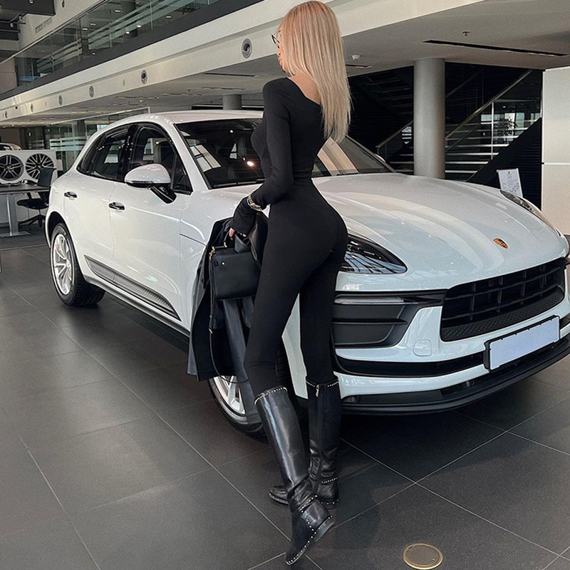 Women Clothing Winter Street Shooting Slim Fit Zipper Long Sleeve Jumpsuit