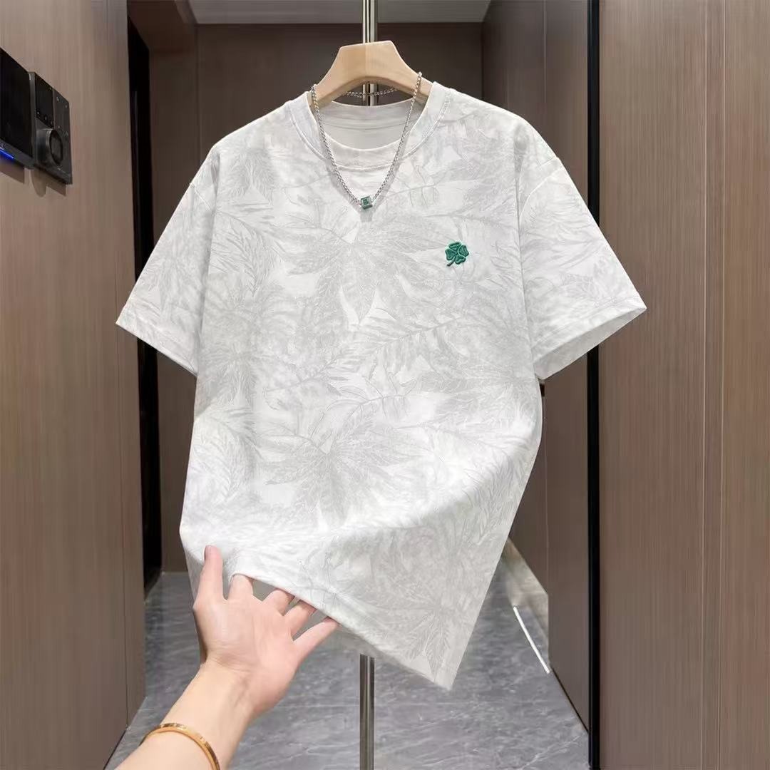 Men's Trendy Summer T-Shirt Style Casual Versatile Tie Dye Leaf Embroidery Short Sleeve Fashionable Lucky Four Leaf Clover_viptrois.com