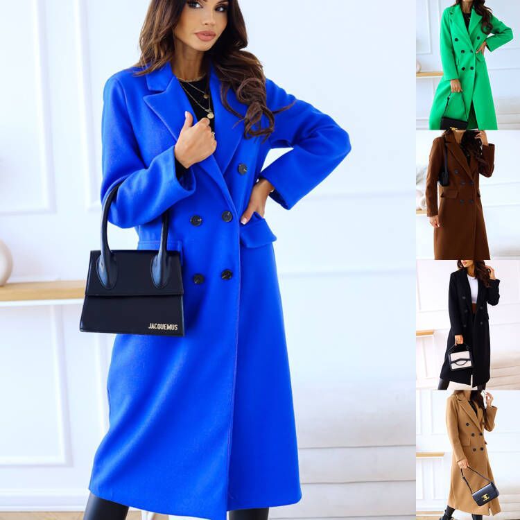 solid color double-breasted long-sleeved lapel button woolen coat NSYF138757