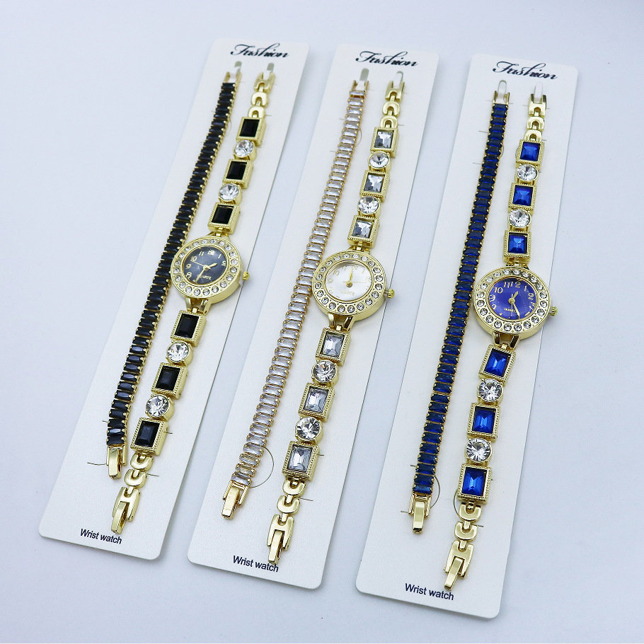 Cross-Border New Sugar Cube Colored Diamond Women's Watch Set, Fashionable Temperament and High-Looking Quartz Bracelet Watch Two-Piece Set