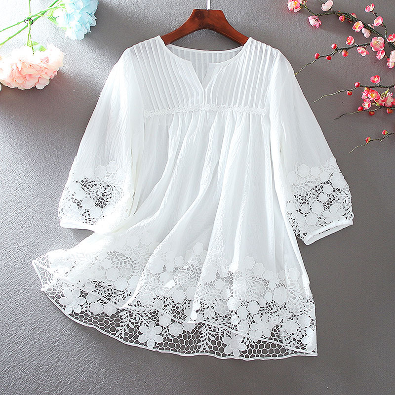 Lace hollow-out European station temperament plus size loose slimming ruffled a-line mid-length shirt women's top agent