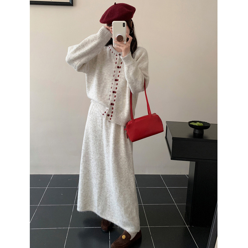 韩系高级感手工缝线毛衣外套女套装秋冬软糯针织开衫设计感两件套|undefined