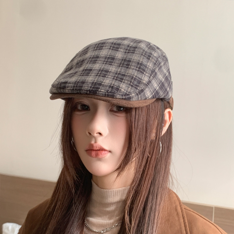 日系复古格纹前进帽子女秋季百搭报童帽气质百搭显脸小鸭舌贝雷帽|undefined