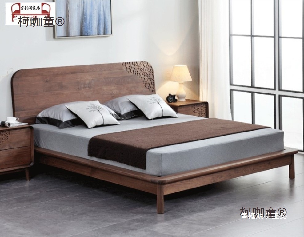 North American Fas Black Walnut Bed All Solid Wood Carved Scandinavian 1 8m New Chinese Style Bedroom Double Main Bed