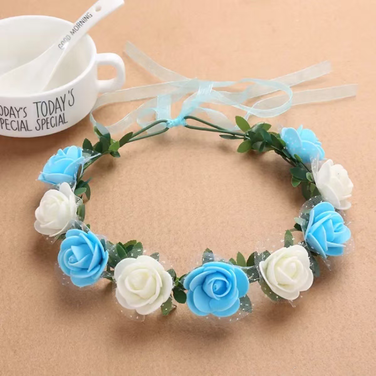 거품장미 9송이와 녹색잎리본 [화이트+블루]