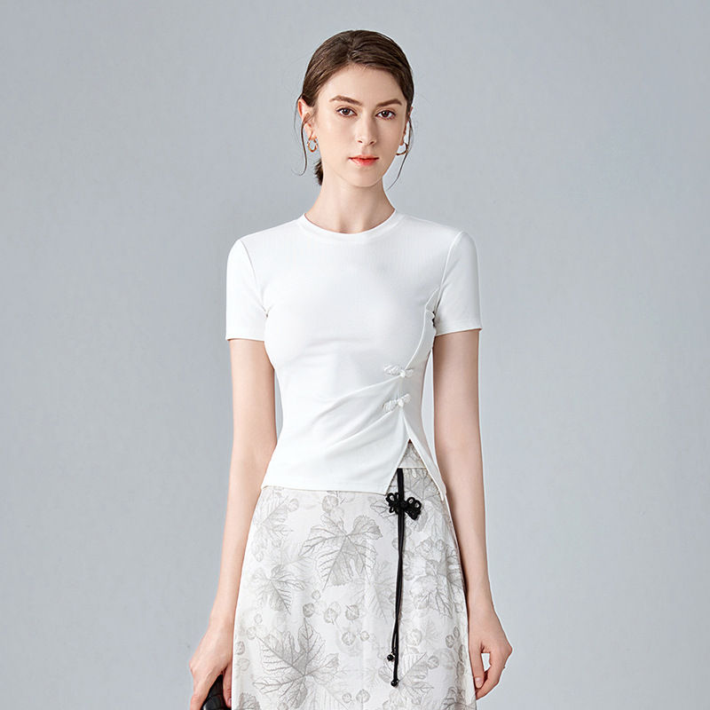 Camiseta de mangas cortas de estilo nacional para mujeres 2024 nueva ropa de mujer hombro de cuello redondo camisa de algodón de color puro diseño de camisa corta