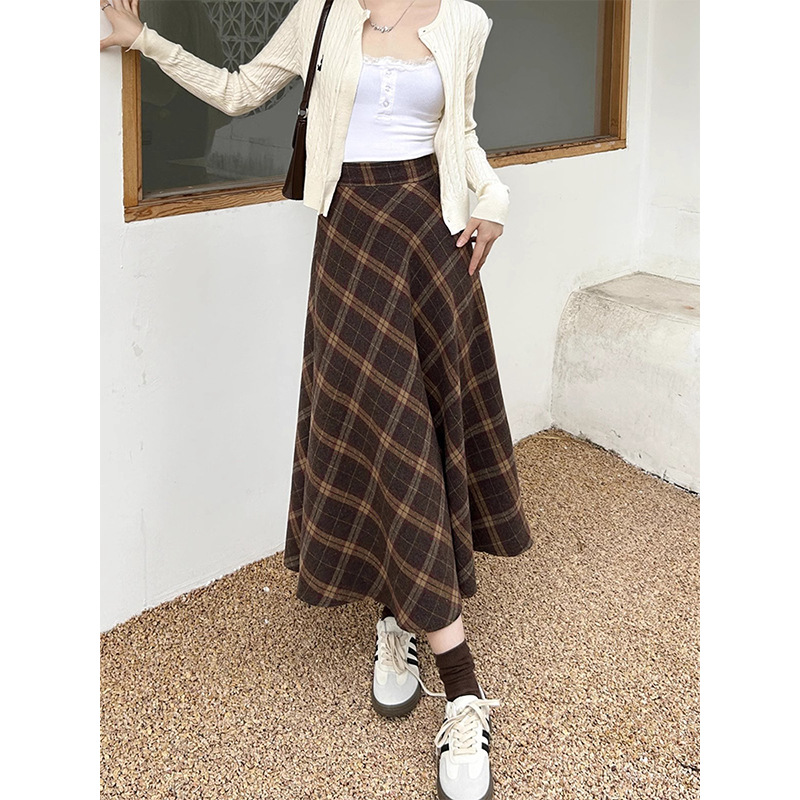 Long plaid woolen retro demi-season colored long skirt
