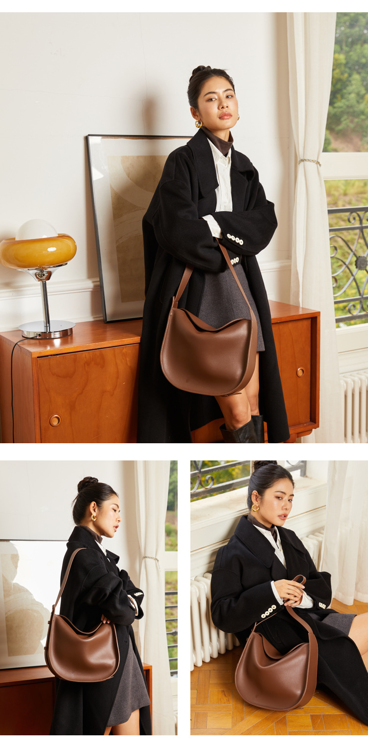 Tote leather large women's commuting 2024 new model, cowhide bucket bag, simple casual single shoulder crossbody bag_voghion.com