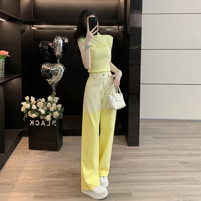 French Style Three-Dimensional Flower Short-Sleeved Sweater Women's Fashion Gradient Dopamine Jeans Women's Spring and Autumn New Style