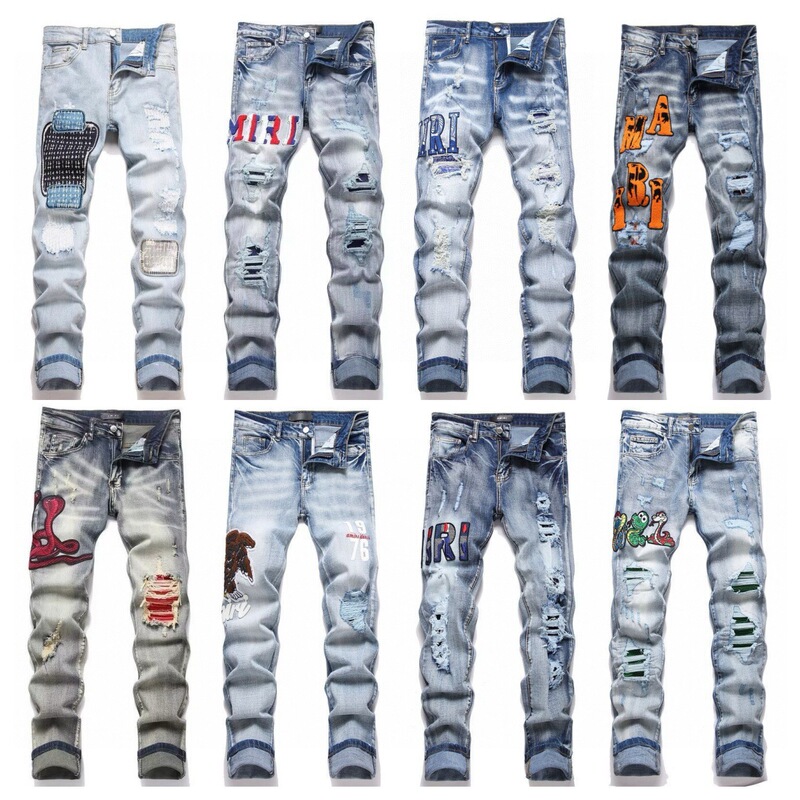 American Amiri Ripped Patch Embroidered Jeans High Street Stretch Casual Versatile Slim Fit Tapered Pants Wholesale