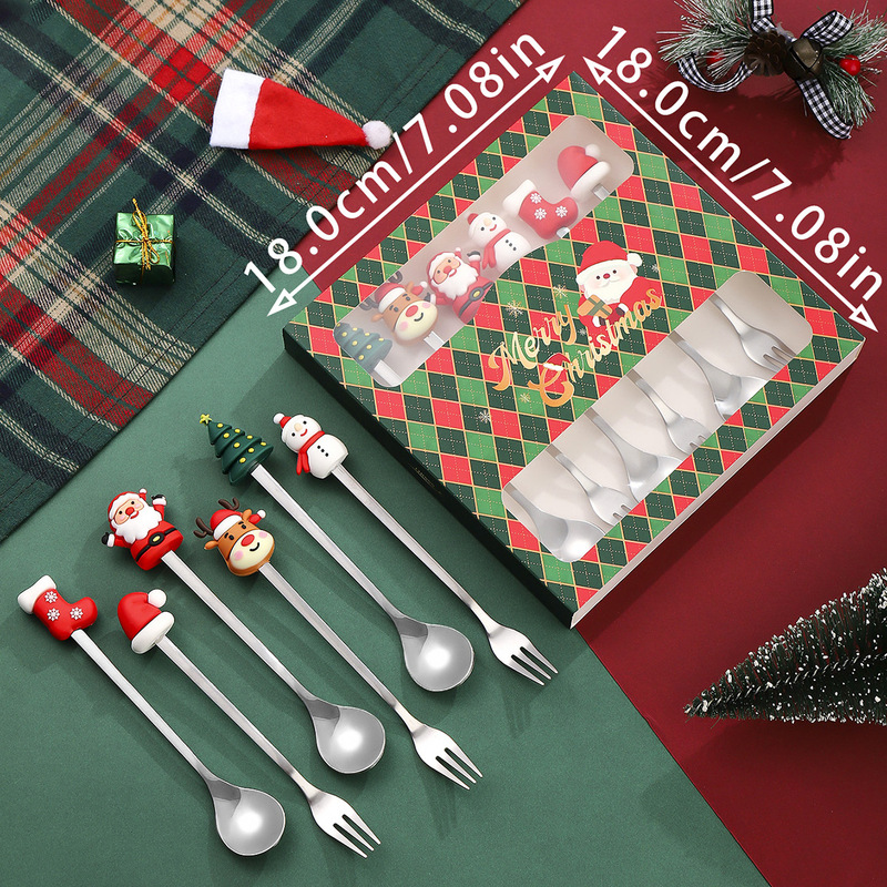 クリスマススプーンとフォーク6点セット漫画人形デザートコーヒースプーンステンレス鋼食器フルーツフォーククリスマスホリデーギフト|undefined