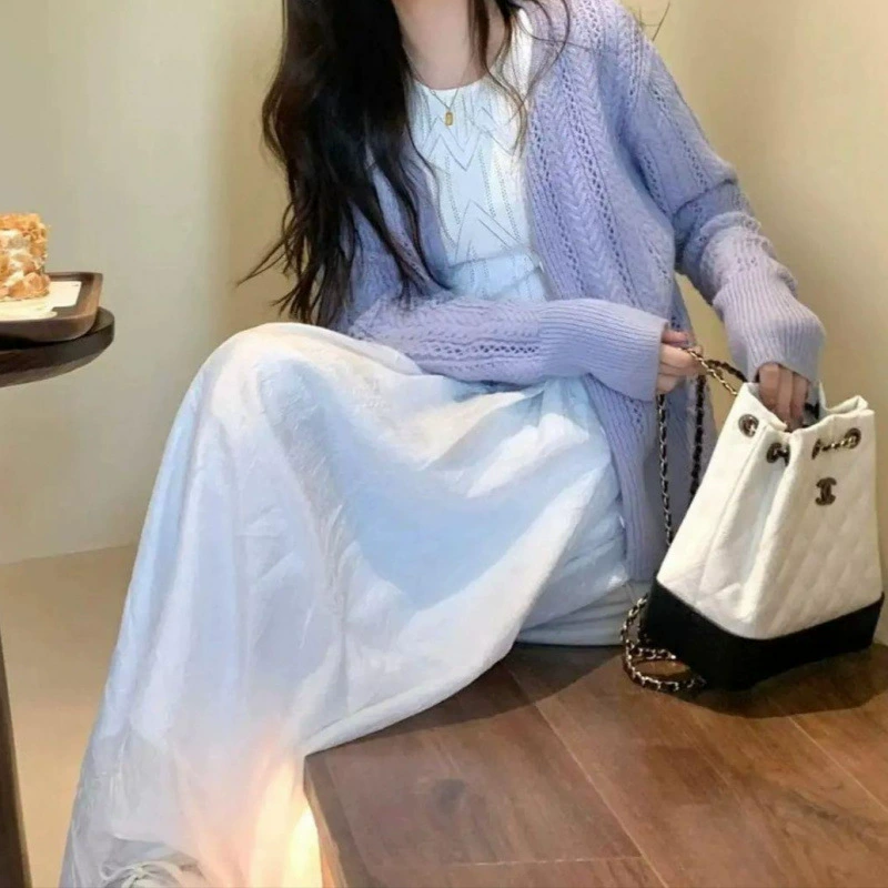 Новый нежный женский костюм-двойка, осенний жилет, супер-сказочное платье, легкий роскошный фиолетовый вязаный кардиган, длинная юбка, облегающая талию.