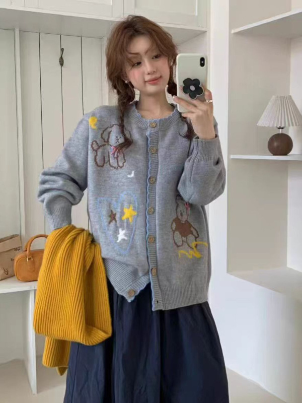 可爱针织印花开衫外穿宽松毛衣韩版秋季校园风小众设计感小熊上衣|undefined