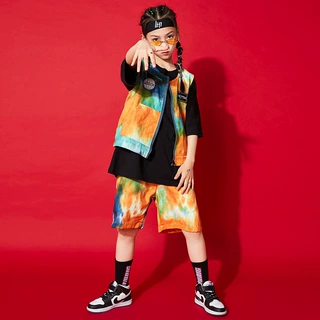 儿童街舞潮装女童个性印花短袖衬衫嘻哈hiphop表演衣服演出服装夏