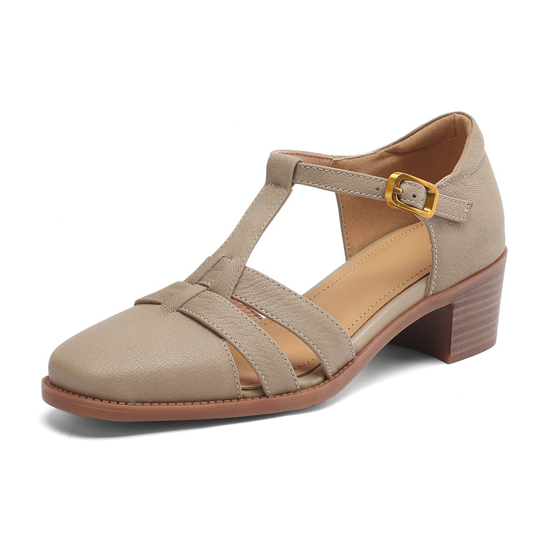 Sandal nữ quai ngang da cừu kiểu La Mã đế dày khoét lỗ dệt — Màu trắng nhạt