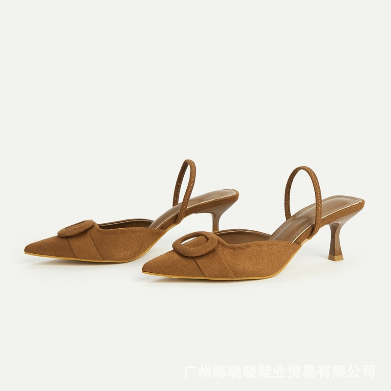 ZA スクエアバックルレディースシューズトゥキャップスリングバック浅いサンダルブラウンポインテッドトゥハイヒールファッションミュール|undefined