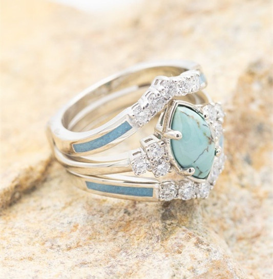 Wish New Accessories Europe and America Cross Border Creative Turquoise Diamond Three-Piece Women's Ring Ins Bracelet