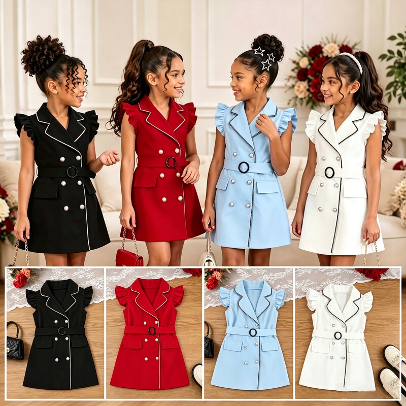 Cross-border exclusive supply of girls' summer European and American fashionable double-breasted dresses with belt, children's party dresses wholesale