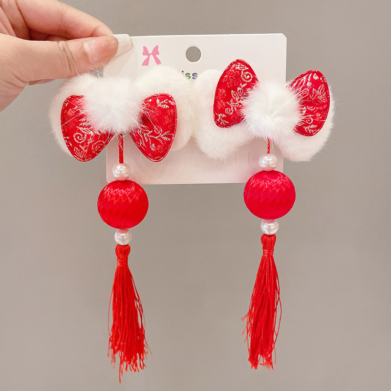 2023 niñas lindo conejo horquilla borla horquilla BB clip accesorios para el cabello rojo Año Nuevo lado clip accesorios para el cabello tocado