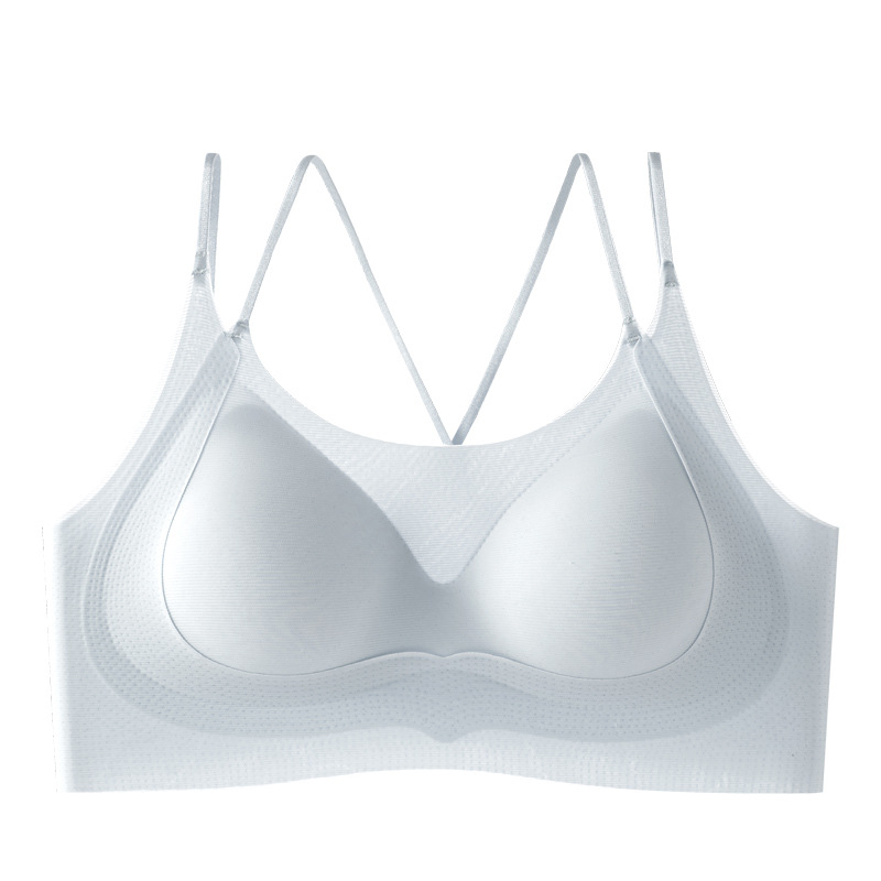 Estilo delgado, espalda cruzada, doble correa para el hombro, ropa interior, camisola de copa fija de seda de hielo para mujer, sujetador de soporte superior sin anillo de acero