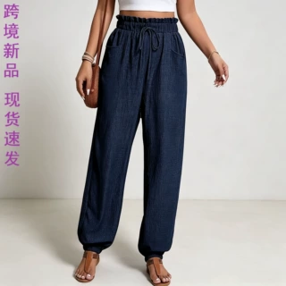 亚马逊 Temu 外贸女士新款花苞腰长裤 欧美抽绳束脚休闲裤货源