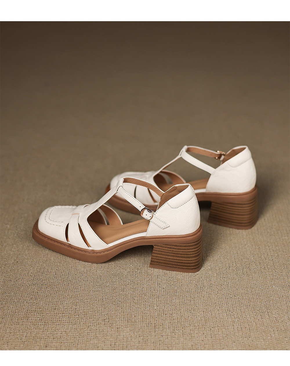 Sandal nữ quai hậu da thật dệt kiểu retro, gót dày, mũi nhọn, đế mềm — Màu trắng nhạt chi tiết 15