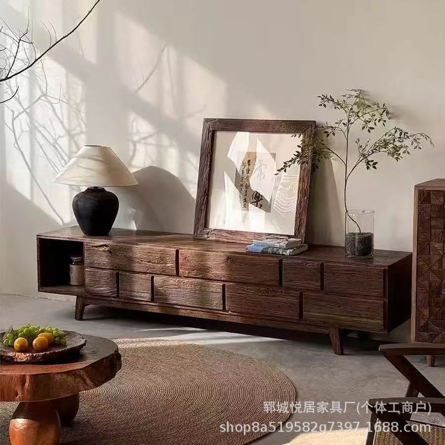 Chinese Old Elm Tv Cabinet Living Room Decorative Cupboard Solid Wood Floor-Standing Video Cabinet Old Door Panel Sideboard Low Cabinet