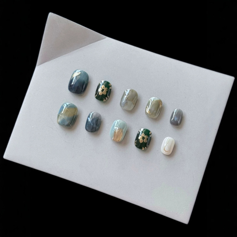 【Made in Shenzhen】Oil painting blue-green, purely handmade wearable nails, nail art that enhances skin tone, nail stickers 【Made in Shenzhen】Oil painting blue-green, purely handmade wearable nails, nail art that enhances skin tone, nail stickers