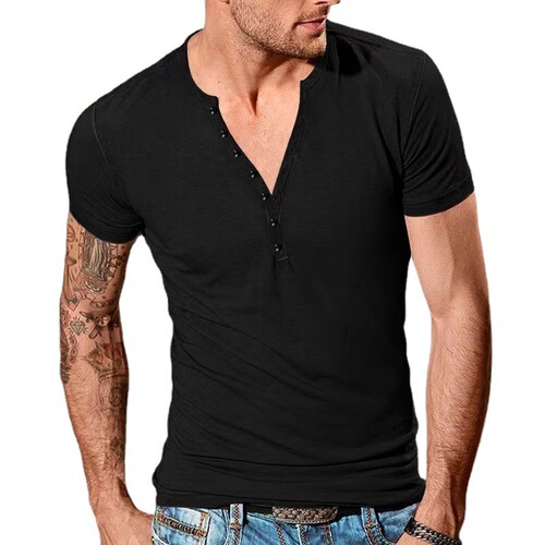 New Summer Men's Fashion Casual Henry-Neck Short-Sleeved T-Shirt—Men's Slim-Fit Sports Base Layer Top