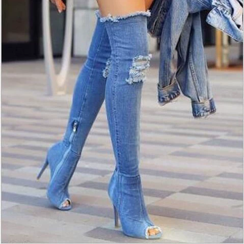 Желаю AliExpress Новинки джинсовые ботинки выше колена Fishmouth для ночного клуба на высоком каблуке, европейские и американские женские ботинки больших размеров 4041, доступные круглый год