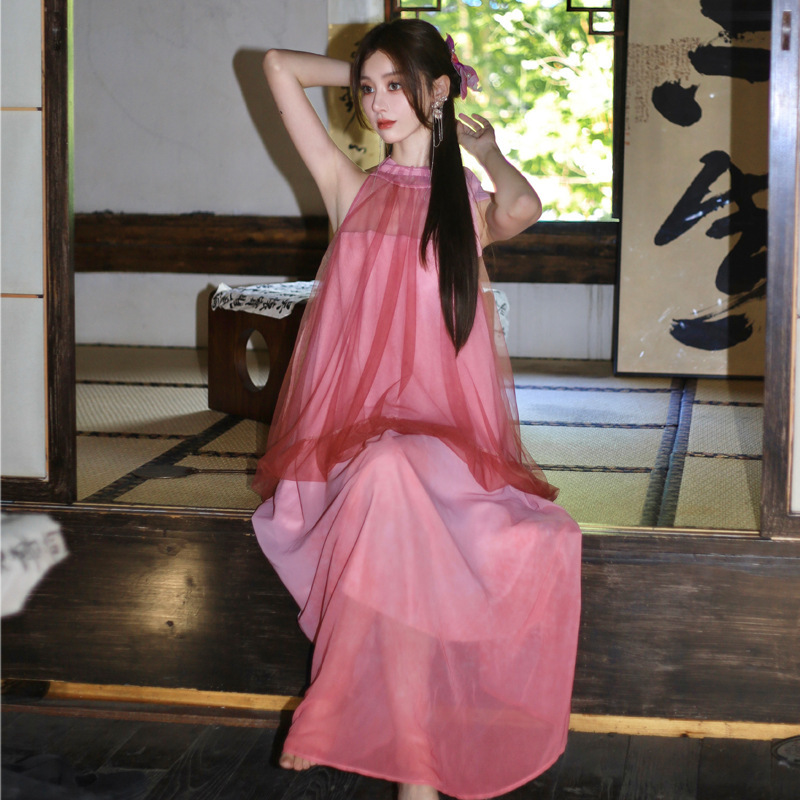 Rouge Pink Bamboo Mist Gradient Halter Neck Mesh Chiffon Faux Two-Piece Slim Fit Dress for Women Rouge Pink Bamboo Mist Gradient Halter Neck Mesh Chiffon Faux Two-Piece Slim Fit Dress for Women
