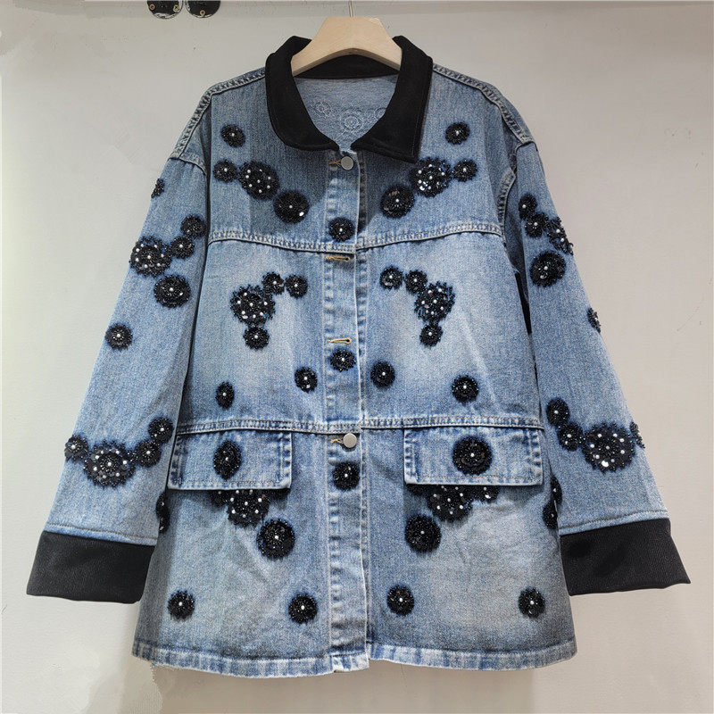 Colar de terciopelo de color de contraste pesado con chaqueta de vaqueros de diamante para mujeres 2026 nuevo suelto delgado retro hacer vieja camisa de manga larga