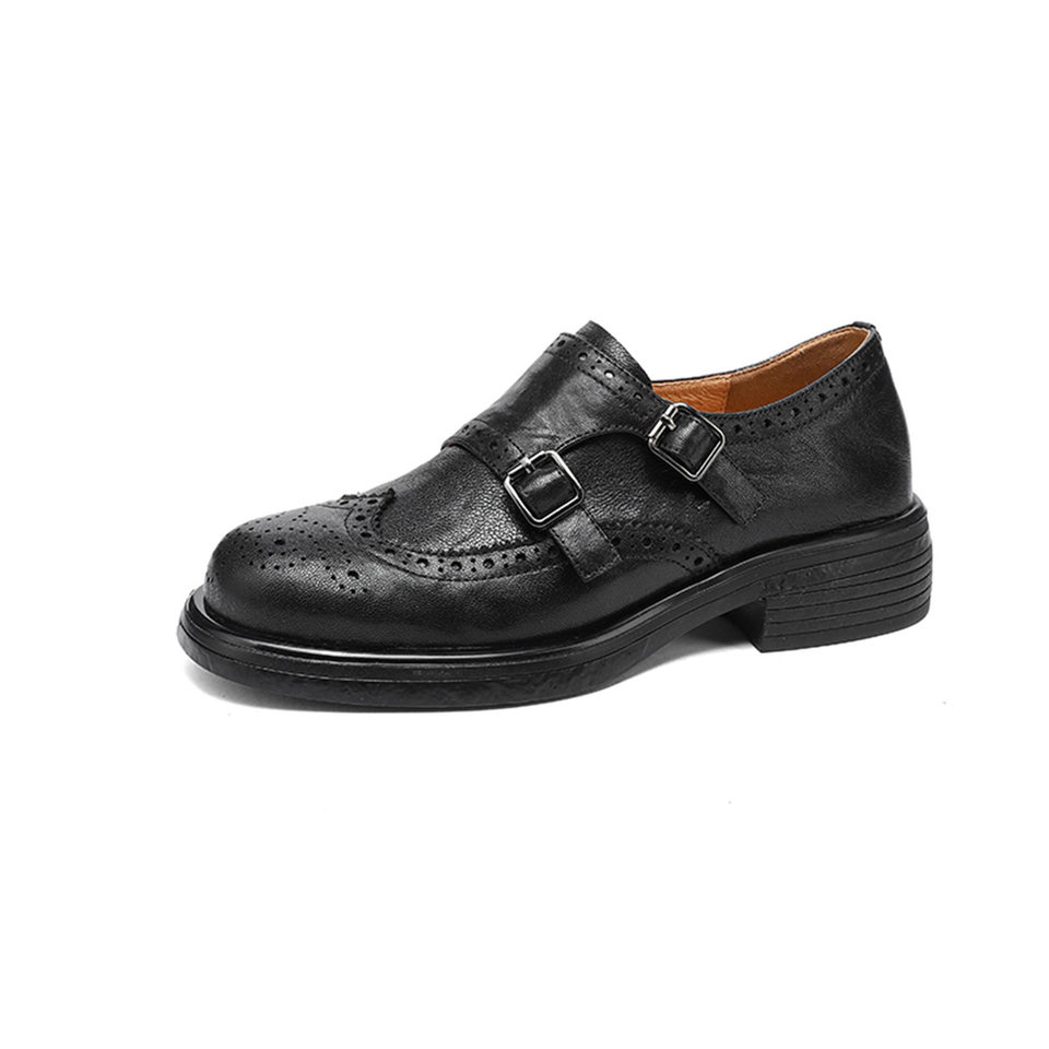Giày loafer nữ mũi tròn bít phong cách Anh quốc, khóa thắt lưng trang trí — màu nâu chi tiết 14