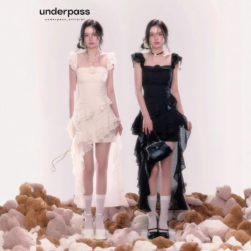 Irregular French Holiday Rose Flower Elegant Long Tail Sleeveless Atmosphere Suspender Dress Sweet Pure Lust Lace