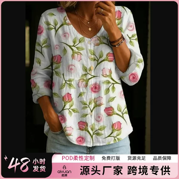 2026 New Model Independent Foreign Trade Shirt Cross-Border Top Round Neck European Size Women's Floral 3D Print Henley Shirt