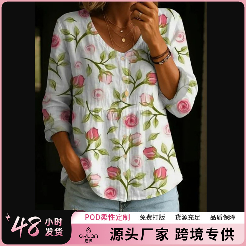 2026 New Model Independent Foreign Trade Shirt Cross-Border Top Round Neck European Size Women's Floral 3D Print Henley Shirt 2026 New Model Independent Foreign Trade Shirt Cross-Border Top Round Neck European Size Women's Floral 3D Print Henley Shirt