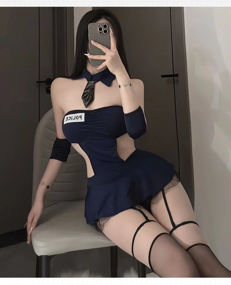 Police Officer Roleplay Lingerie Set with Stockings and Hat, One Size — detail image 3