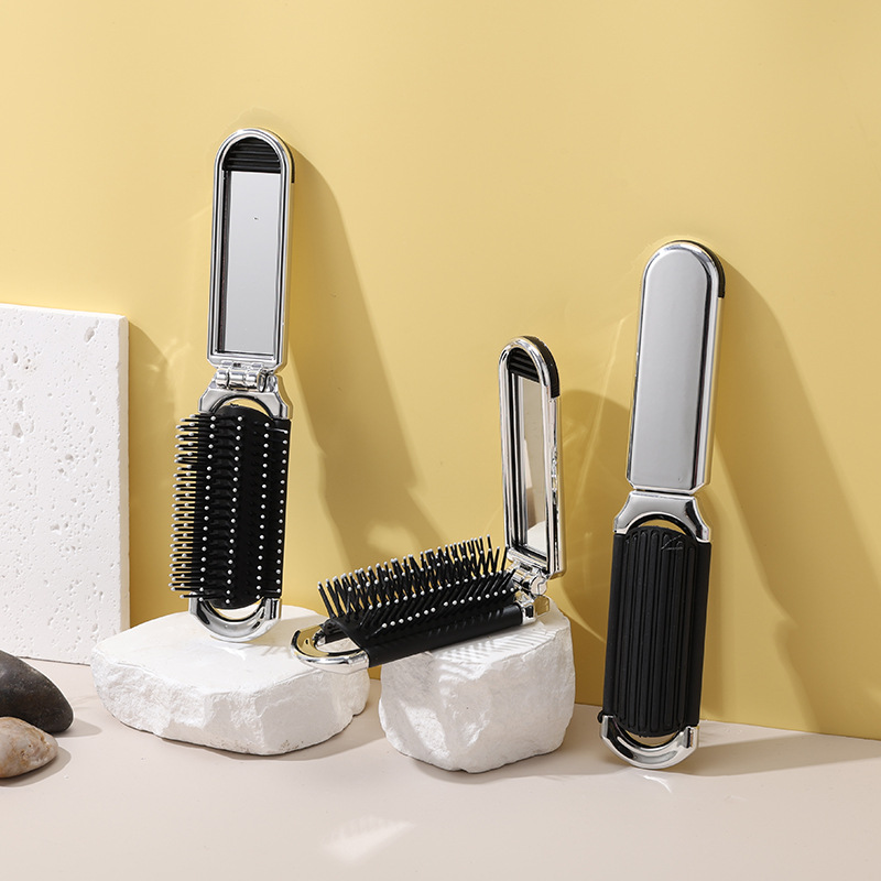Shunfa plegable espejo peine de plástico de viaje portátil plegable airbag peine portátil espejo cosmético de doble uso integrado espejo peine