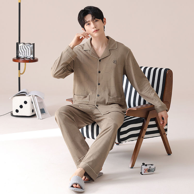 Pijama de algodón adolescente para hombres primavera y otoño Cardigan simple de manga larga relajado más ropa de hogar grande